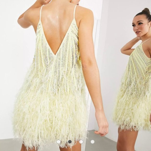 ASOS EDITION sequin cami mini dress with faux feather hem in lemon - Picture 2 of 8